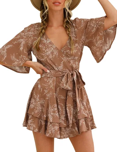Vista 4 de Relipop Enterizo de verano para mujer, diseño floral, cuello en V, manga corta, cintura con nudo y dobladillo con volantes, overol corto casual