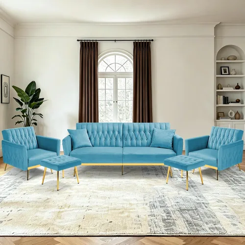 Vista 10 de 2 Pieces Velvet Chairs w/Adjustable Backrest & Ottoman, Baby Blue Azul bebé