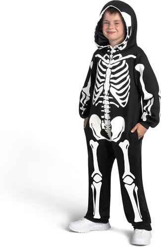 Vista 4 de Spooktacular Creations Pijama unisex de esqueleto para niños, pijama de felpa con cremallera que brilla en la oscuridad con capucha de esqueleto