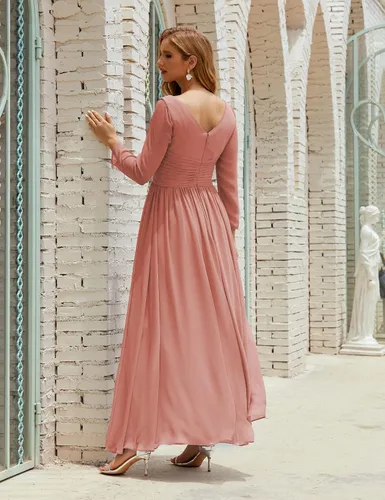 Vista 5 de nightbubo Vestido de dama de honor para mujer manga larga cuello en V vestido formal de gasa para boda