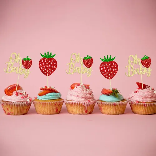 Vista 6 de Paquete de 24 adornos para cupcakes Sweet Oh Baby con purpurina de fresa, selecciones de frutas, baby shower, niños, cumpleaños, bayas, cupcakes