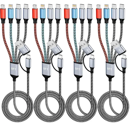 Vista 11 de Cargador de teléfono de 90 grados, cable de carga múltiple 4 en 2, cable USB C CarPlay con doble tipo C, micro USB, puerto IP, cable USBC de nailon