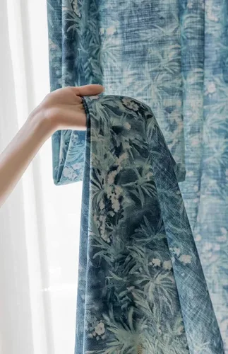 Vista 4 de Cortinas azules para ventana de sala de estar de 84 pulgadas de largo, juego de 1 panel largo de lino de algodón con textura floral, cortinas