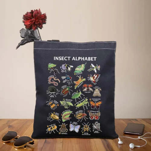 Vista 5 de BDPWSS Bolsa de mano con alfabeto de insectos - Regalo para amantes de insectos y escarabajos - Entomología y amante de la naturaleza