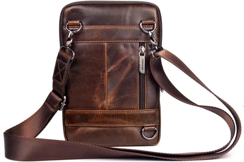 Vista 5 de Bolso bandolera vintage de piel de vaca para hombre, Marrón oscuro