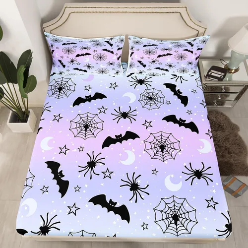 Vista 8 de Juego de sábanas bajeras con bonito diseño de gato negro para niños y niñas, diseño de dibujos animados de Halloween, gato, animales, sábanas