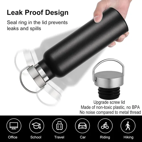 Vista 4 de Neihepal Botellas de agua de acero inoxidable negras, botella de viaje de doble pared con aislamiento al vacío de 20 onzas con tapa a prueba