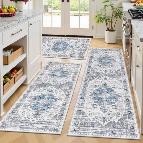 Vista 16 de Ileading Juego de 3 alfombras de cocina bohemias con corredor, alfombra de cocina, alfombras y tapetes antideslizantes lavables para cocina, suelo