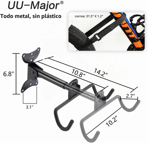 Vista 3 de UU-Major Soporte de pared para bicicleta, colgador de bicicleta resistente, gancho de bicicleta montado para pared de garaje, soporte horizontal