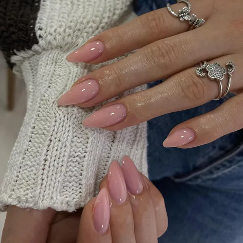 Vista 30 de Uñas postizas a presión color rosa bebé con forma de almendra, 48 piezas, uñas postizas gruesas neutras para mujeres, uñas de almendra medianas a