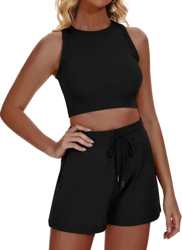 Vista 4 de Funlingo Conjunto de pijama de 2 piezas para mujer, de punto gofre, sin mangas, de verano, 2023
