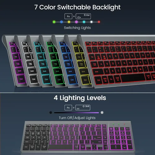 Vista 2 de SABLUTE Teclado Inalámbrico con 7 Luces Traseras de Color, Teclado de Computadora Compacto, Silencioso, Recargable, Inalámbrico, con Teclas