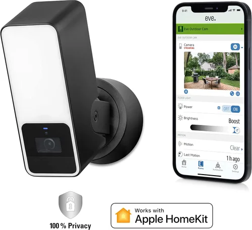 Vista 2 de Eve Cámara para exteriores, paquete de 2 cámaras de reflector seguro, alta seguridad y privacidad (video seguro HomeKit), 1080p