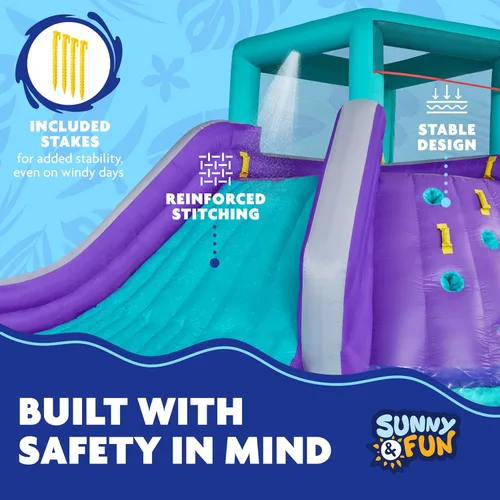 Vista 4 de Sunny & Fun - Parque inflable de cuatro esquinas, resistente para diversión al aire libre, pared de escalada, tobogán y piscina profunda, fácil