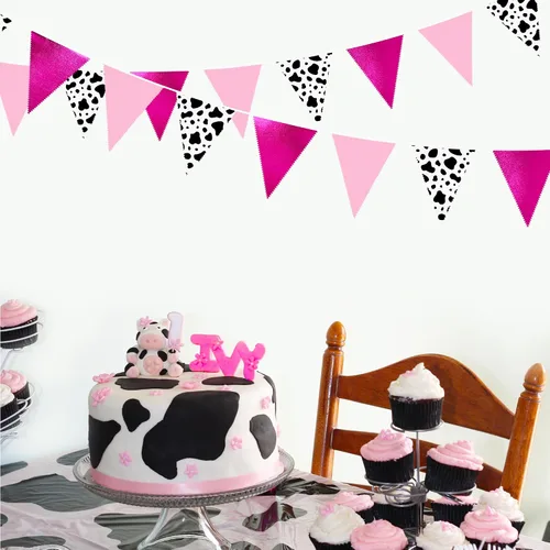 Vista 3 de Decoraciones de fiesta de vaquera de 32 pies con estampado de vaca rosa intenso, bandera triangular, banderines de tela, banderines para vaqueras