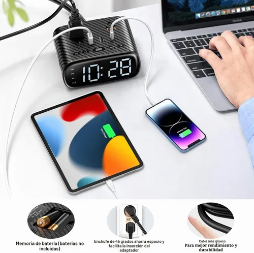 Vista 6 de Sussex Reloj despertador con 2 USB-C, 2 cargadores USB-A, 2 tomas de corriente, 2 tomacorrientes, pantalla LED, reloj digital regulable con función