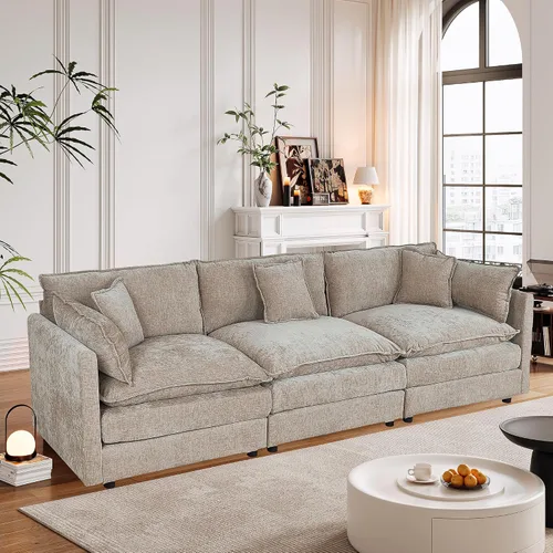 Vista 33 de Setawix Sofá Profundo de 3 Plazas con Otomana, Sofás de Nube en Forma de L de 112.2" para Sala de Estar, Sofá de Nube de Chenilla con Asiento Café