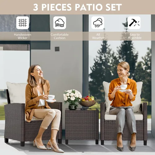 Vista 7 de Vongrasig juego de 3 muebles de patio de mimbre para exteriores, pequeño juego de ratán para porche delantero, juego de bistró con sillas acolchadas
