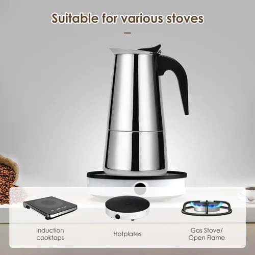 Vista 4 de Cafetera de café expreso para estufa, 3.4 fl oz, 2 tazas, cafetera italiana de acero inoxidable para cocinas de inducción