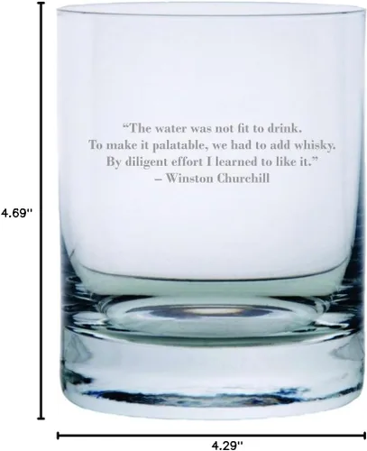 Vista 2 de Etched Laser Art - Winston Churchill Quote Stolzle New York Crystal Rocks Glass - Vasos de whisky para hombres, regalo de agradecimiento para papá