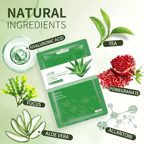 Vista 5 de Máscaras Faciales de Cuidado de la Piel, Mascarillas en Hojas de Aloe Vera, Máscaras Hidratantes y Calmantes para Todo Tipo de Piel, Cuidado Solar