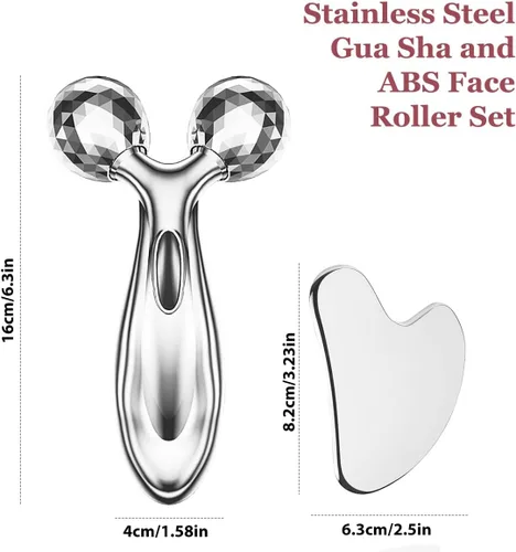 Vista 7 de Juego de rodillos de acero inoxidable Gua Sha y cara, herramienta facial para esculpir la cara, cuidado de la piel de metal, masajeador para mujeres