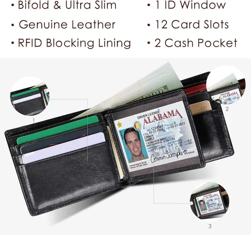 Vista 2 de Mens Wallet Slim Genuine Leather RFID Thin Bifold Wallets For Men Minimalist Front Pocket ID Window 12 Card Holders Gift Box