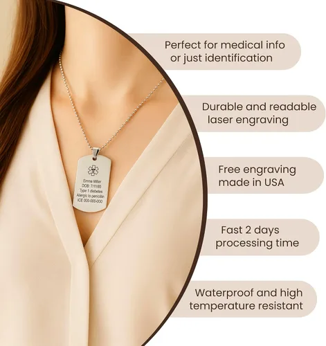 Vista 3 de MIA·MIA Collar de alerta médica personalizado para hombres y mujeres, acero inoxidable personalizado grabado ID conciencia de emergencia, joyería