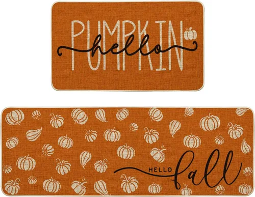 Vista 10 de Artoid Mode Juego de 3 tapetes de cocina naranja con texto en inglés "Hello Pumpkin", decoración otoñal para el hogar, alfombras de cocina de bajo