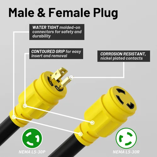 Vista 3 de Vockjour Cable de extensión de generador de 30 amperios L5-30P/L5-30R de 50 Amarillo