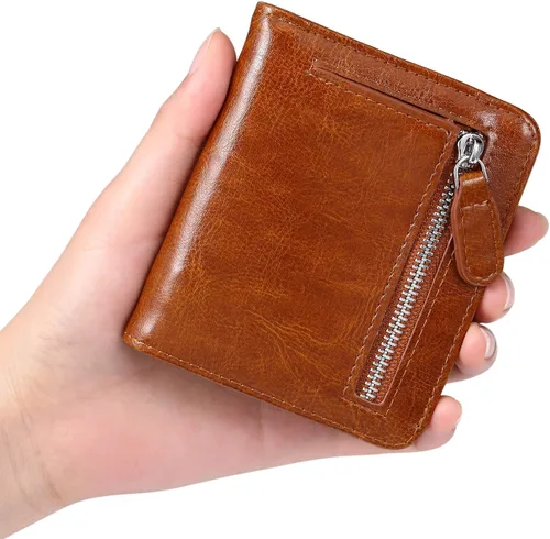 Vista 4 de Funtor Cartera de cuero para mujer, pequeña y compacta, con bolsillo doble, bloqueo RFID, para mujer