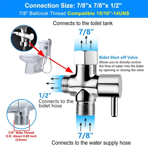 Vista 4 de Adaptador de bidé T con válvula de cierre: Válvula T de latón de 3 vías para bidé 7/8 "x 7/8" X 1/2" - Conector en T a prueba de fugas Ajuste