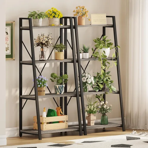 Vista 7 de BON AUGURE - Estantería de escalera, estante de 4 niveles, estantería de madera inclinada para libros para sala de estar, dormitorio, unidad