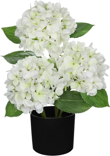 Vista 10 de Hollyone Flores artificiales de hortensias azules en maceta, flores grandes de seda de tres cabezas, arreglos florales falsos para interiores