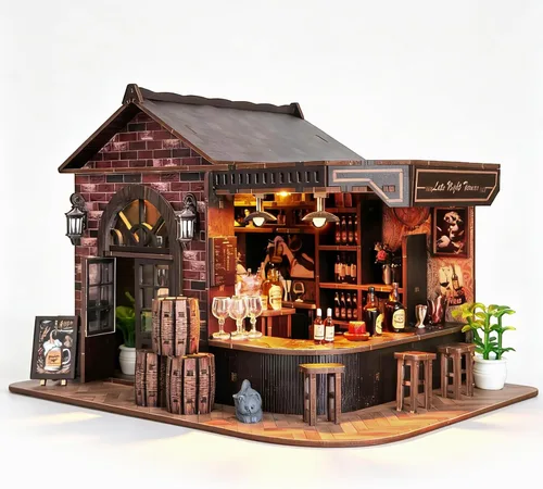 Vista 8 de Kit de rincón de libros de cafetería, rompecabezas de madera 3D para adultos con luces LED, decoración de casa de muñecas para escritorio