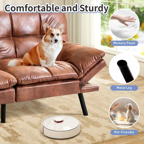 Vista 8 de MUUEGM Sofá cama futón marrón de cuero de espuma viscoelástica moderna sofá de oficina cama convertible sofá biplaza sofá para espacios pequeños