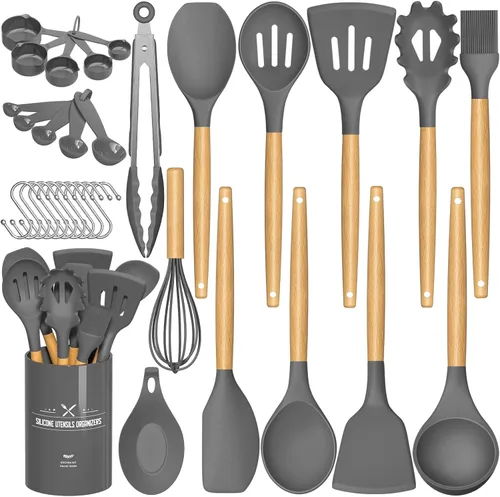 Vista 9 de Umite Chef Juego de utensilios de cocina de cocina, 33 piezas de espátula de cocina de silicona antiadherente con soporte, mango de madera, juego
