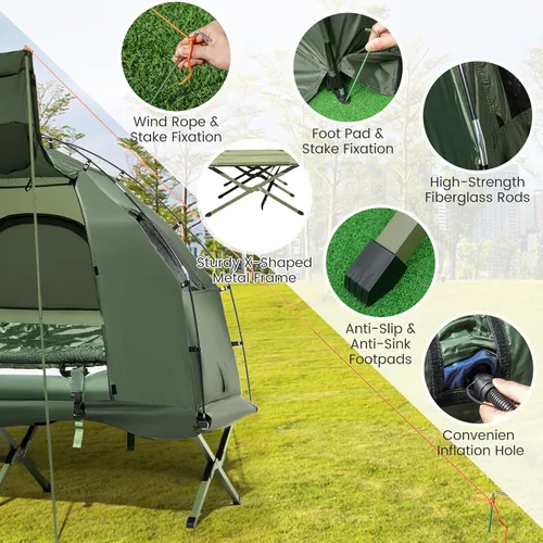 Vista 6 de Goplus Catre de Tienda de Campaña, Cama Plegable 5 en 1 con Colchón de Aire, Almohada, Saco de Dormir, Refugio de Tienda Elevado Impermeable, Catre