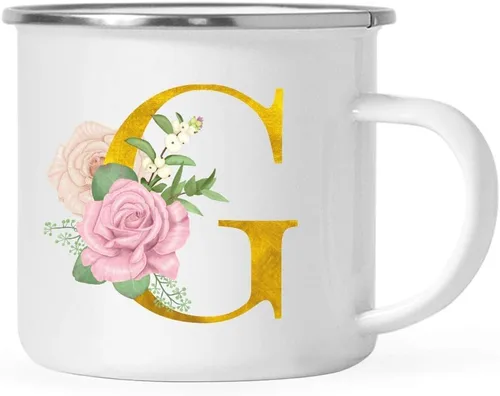 Vista 25 de Andaz Press Taza de café de acero inoxidable para niños de 11 onzas, regalo de taza de café de fogata, rosa rubor, monograma de oro sintético, letra