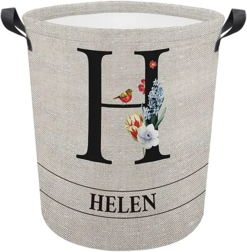 Vista 24 de Cesta de lavandería con inicial floral personalizada, monograma, nombre personalizado, flores y pájaros, cesta de ropa plegable de tela, caja