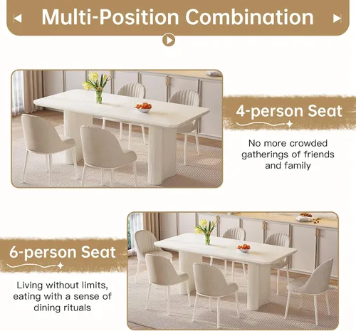 Vista 7 de Mesa de Comedor Rectangular de 63" con 6 Sillas, Mesa de Cocina Moderna Blanca con Juego de Sillas para Sala de Estar, Comedor y Cocina Blanco-A