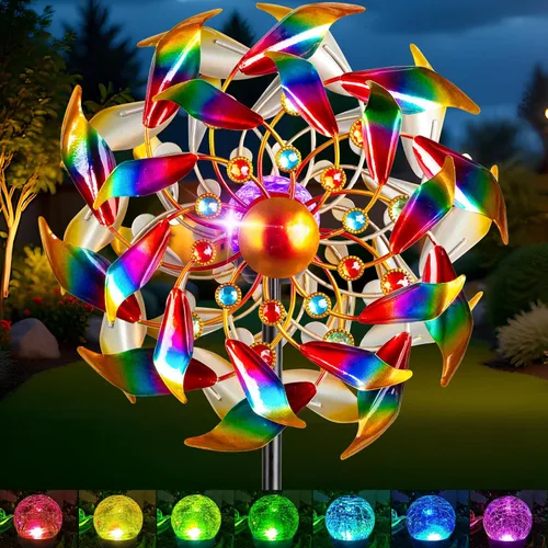 Vista 13 de Molinillo de viento solar grande de 83 pulgadas para exteriores, escultura de flor de tulipán de metal con bola de vidrio LED multicolor, arte