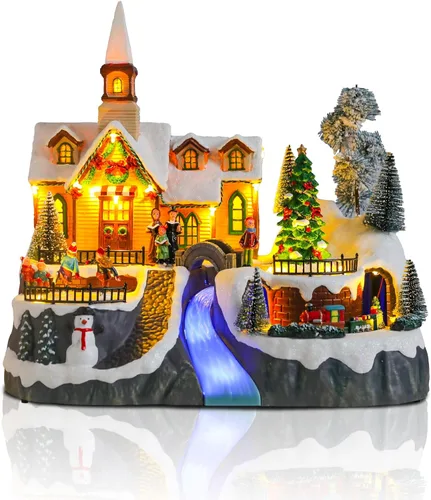Vista 10 de Casas de Pueblo Navideño Edificios Coleccionables de Navidad Campanario con Luces LED, Pueblo de Vacaciones Navideñas Musical con USB Figuras