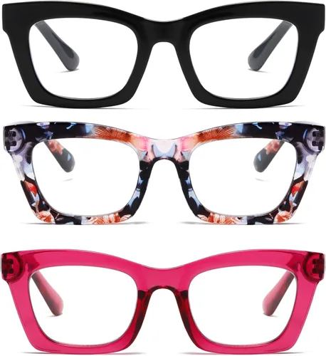 Vista 9 de Paquete de 3 anteojos de lectura con bloqueo de luz azul, marco grueso para Negro+negro rosa+rosa leopardo