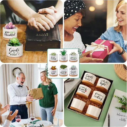Vista 7 de 6 piezas de juego de regalos con versículos de la Biblia cristiana, gracioso juego de macetas para plantas suculentas con bandeja de bambú, maceta