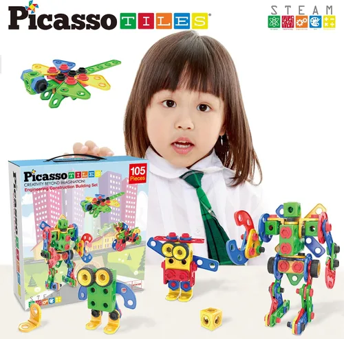 Vista 9 de PicassoTiles STEM - Juguetes de aprendizaje de 105 piezas, juego de bloques de construcción para niños, kit de ingeniería de construcción, bloques