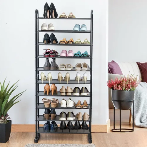 Vista 6 de Organizador de zapatos de 10 niveles, almacenamiento duradero para zapatos, estante grande para 30 pares, torre de zapatos con marco de metal