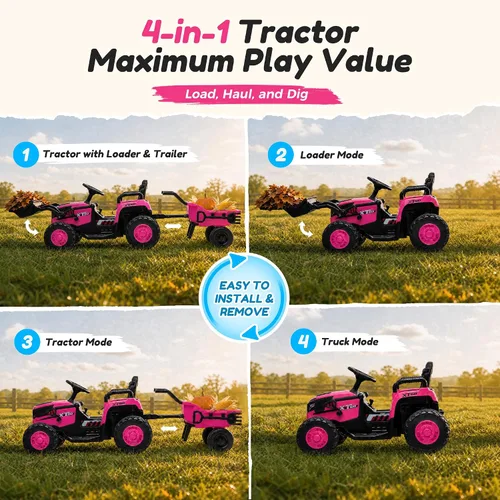 Vista 7 de Tractor de paseo 4 en 1 de 24 V con cargador frontal desmontable Rosa Blaze