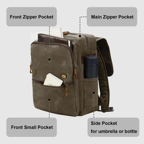 Vista 3 de Mochila vintage de lona encerada para hombres y mujeres, verde militar Mochila de viaje para computadora portátil, de piel auténtica