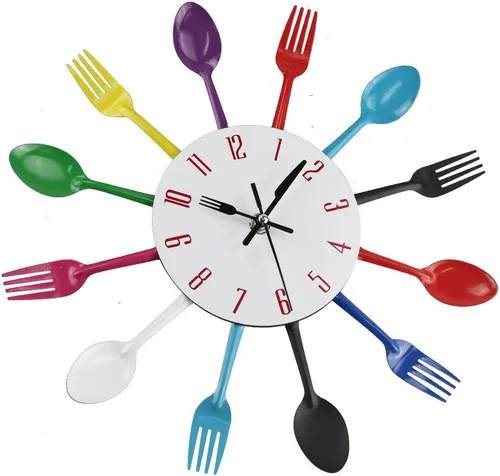 Vista 3 de Reloj de pared para cocina, cubiertos de cocina, reloj de pared con tenedores y cucharas 3D extraíble moderno y creativo reloj de pared para Colorido